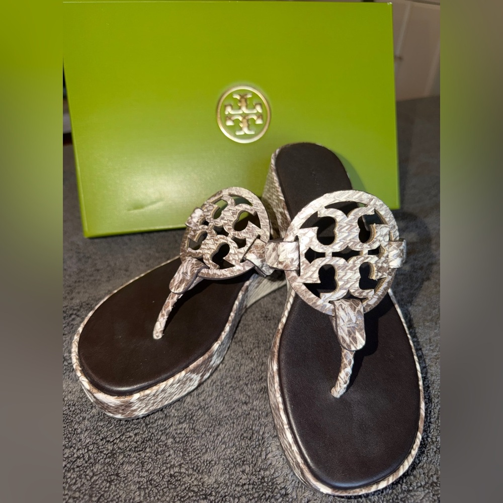 Tory Burch Miller Wedge 25MM Stamped Snake Leather Thong Sandals